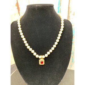 8mm Faux Pearl Necklace 18" with Red  Pendant